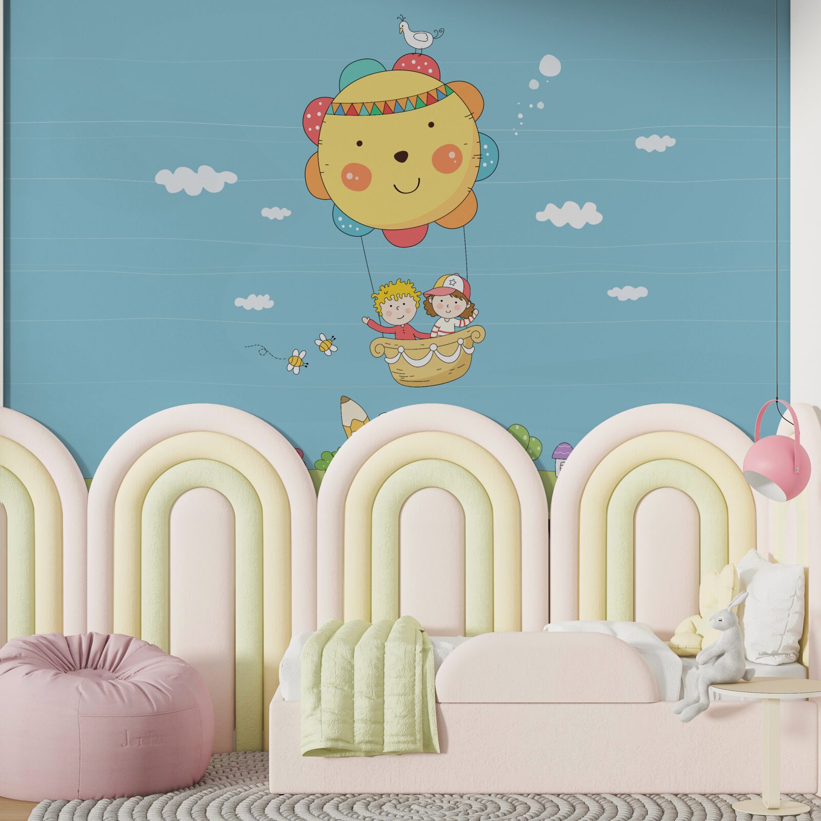 Fotobehang kinderen vliegen in een heteluchtballon