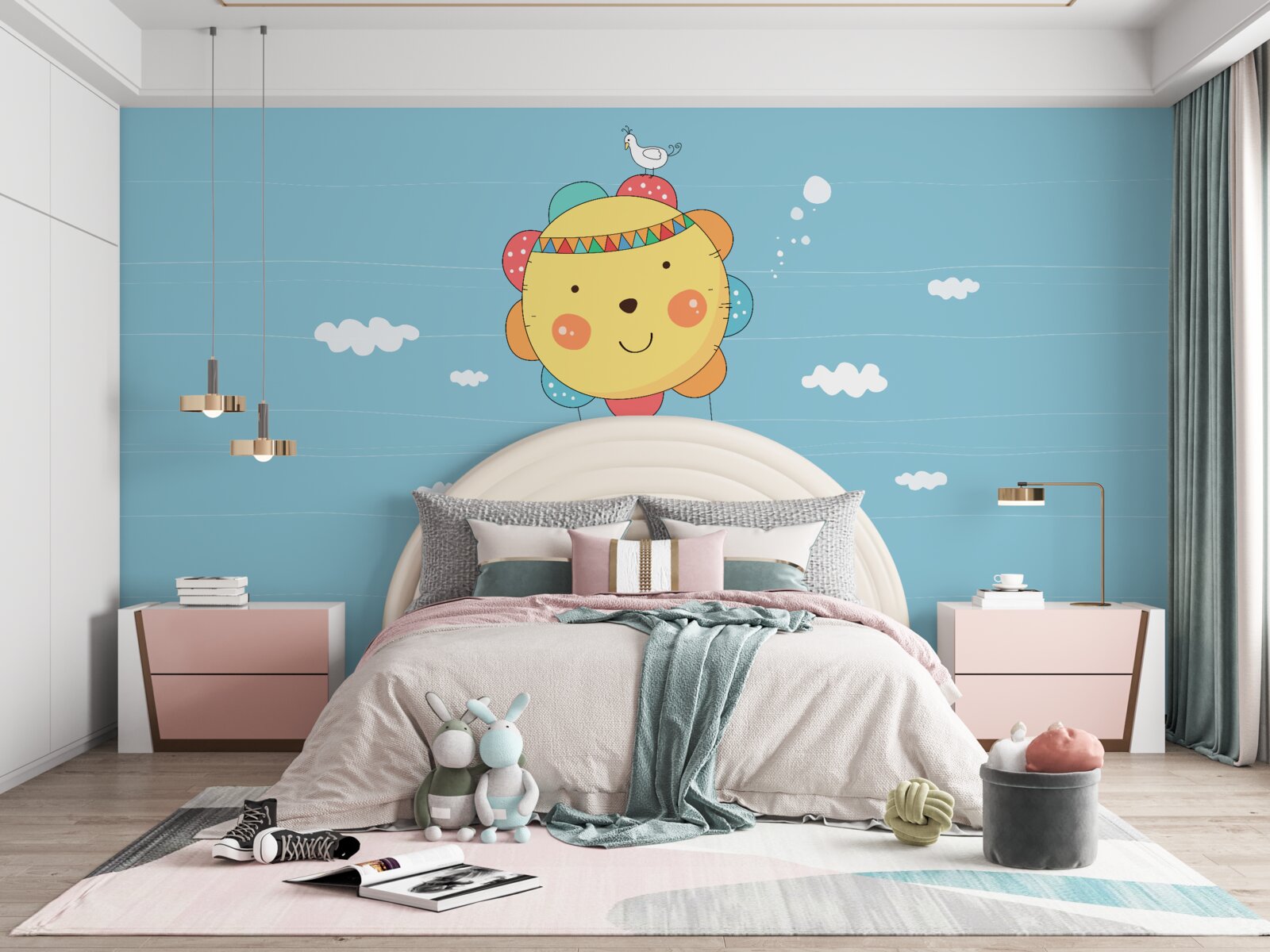 Fotobehang kinderen vliegen in een heteluchtballon