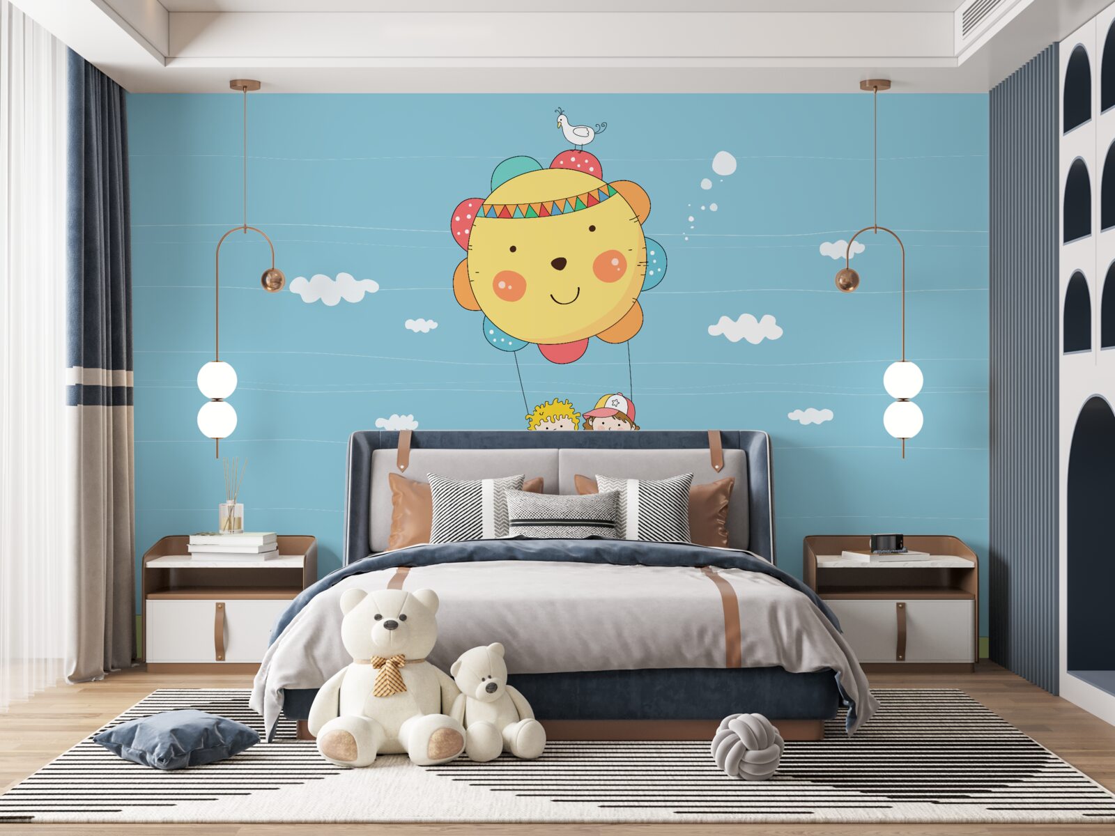 Fotobehang kinderen vliegen in een heteluchtballon