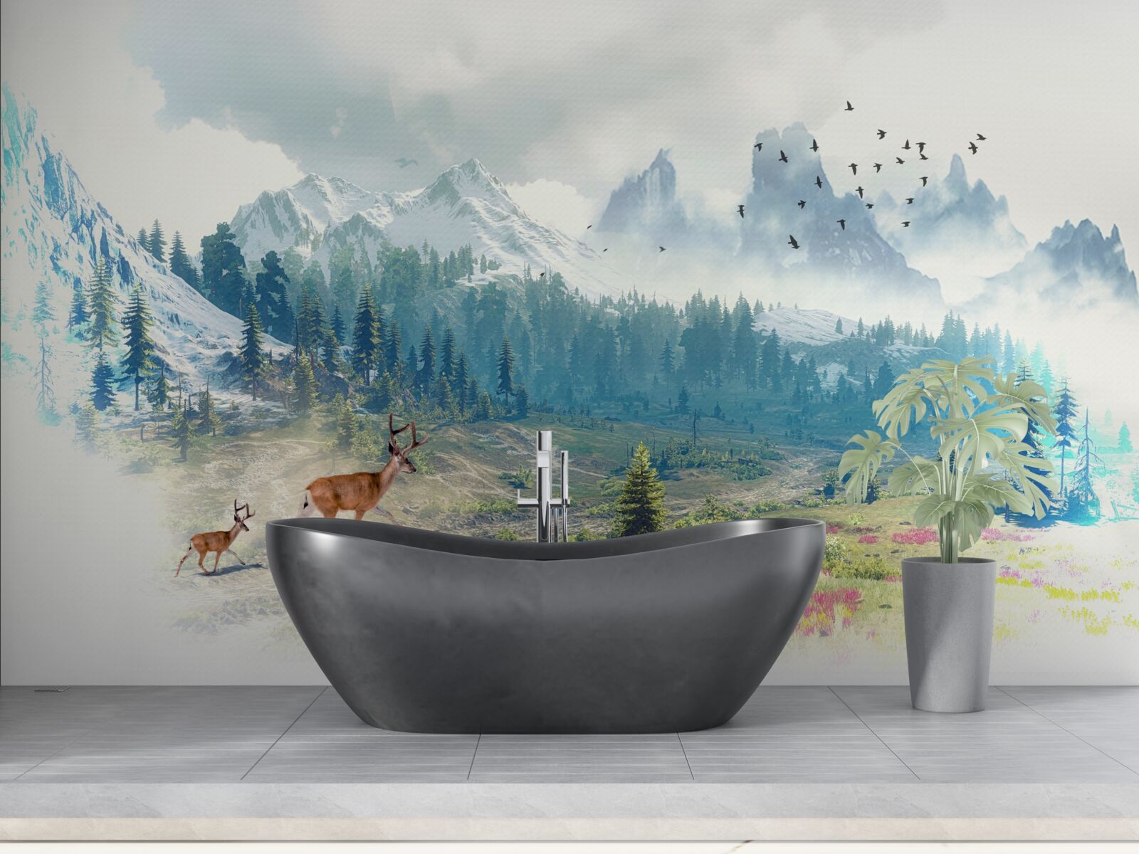 Fotobehang herten zwerven door de bergen