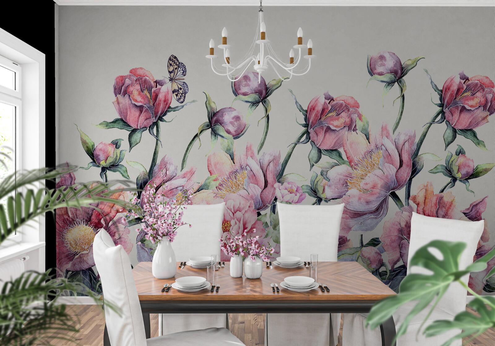 Fotobehang bloemen in verschillende tinten roze