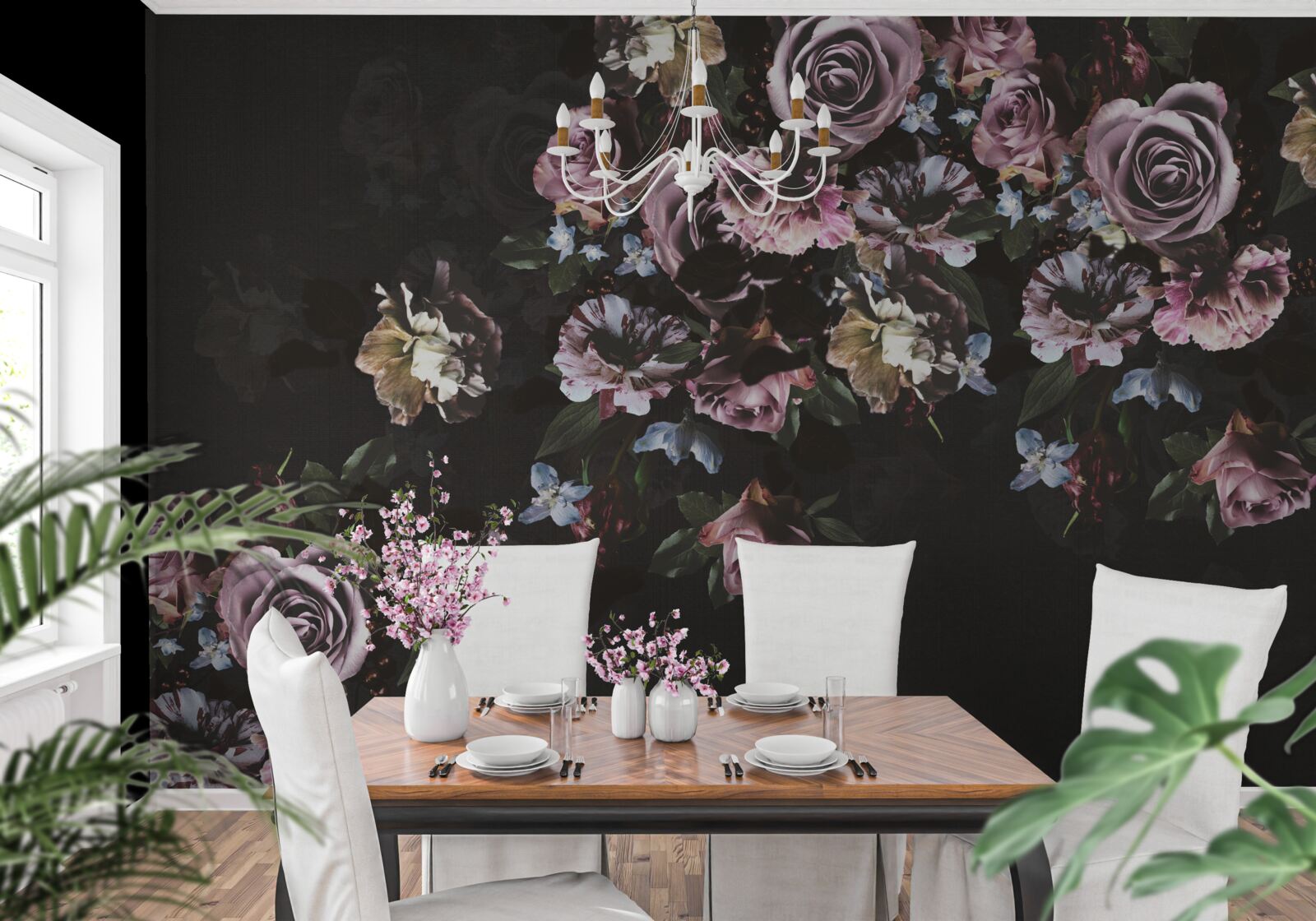 Fotobehang roze bloemen op zwarte achtergrond