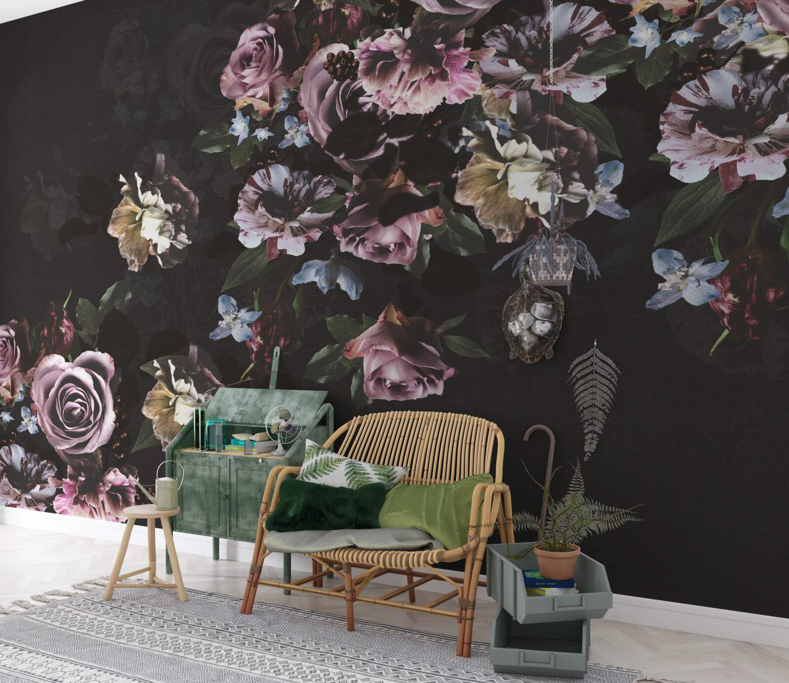 Fotobehang roze bloemen op zwarte achtergrond