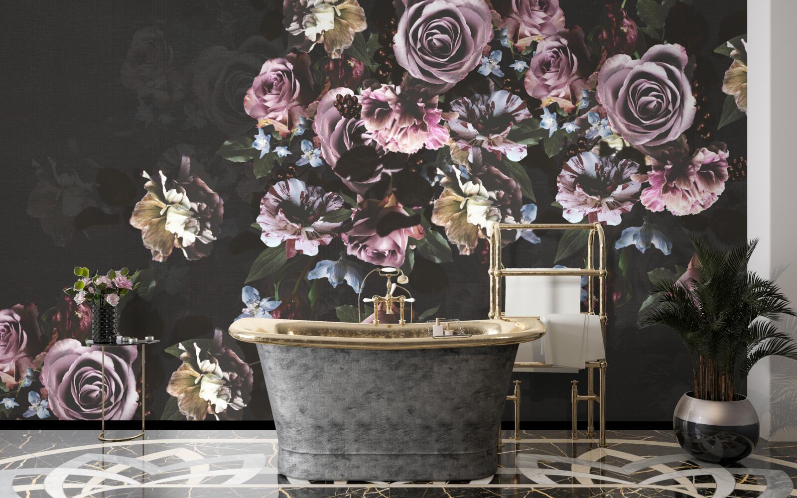 Fotobehang roze bloemen op zwarte achtergrond