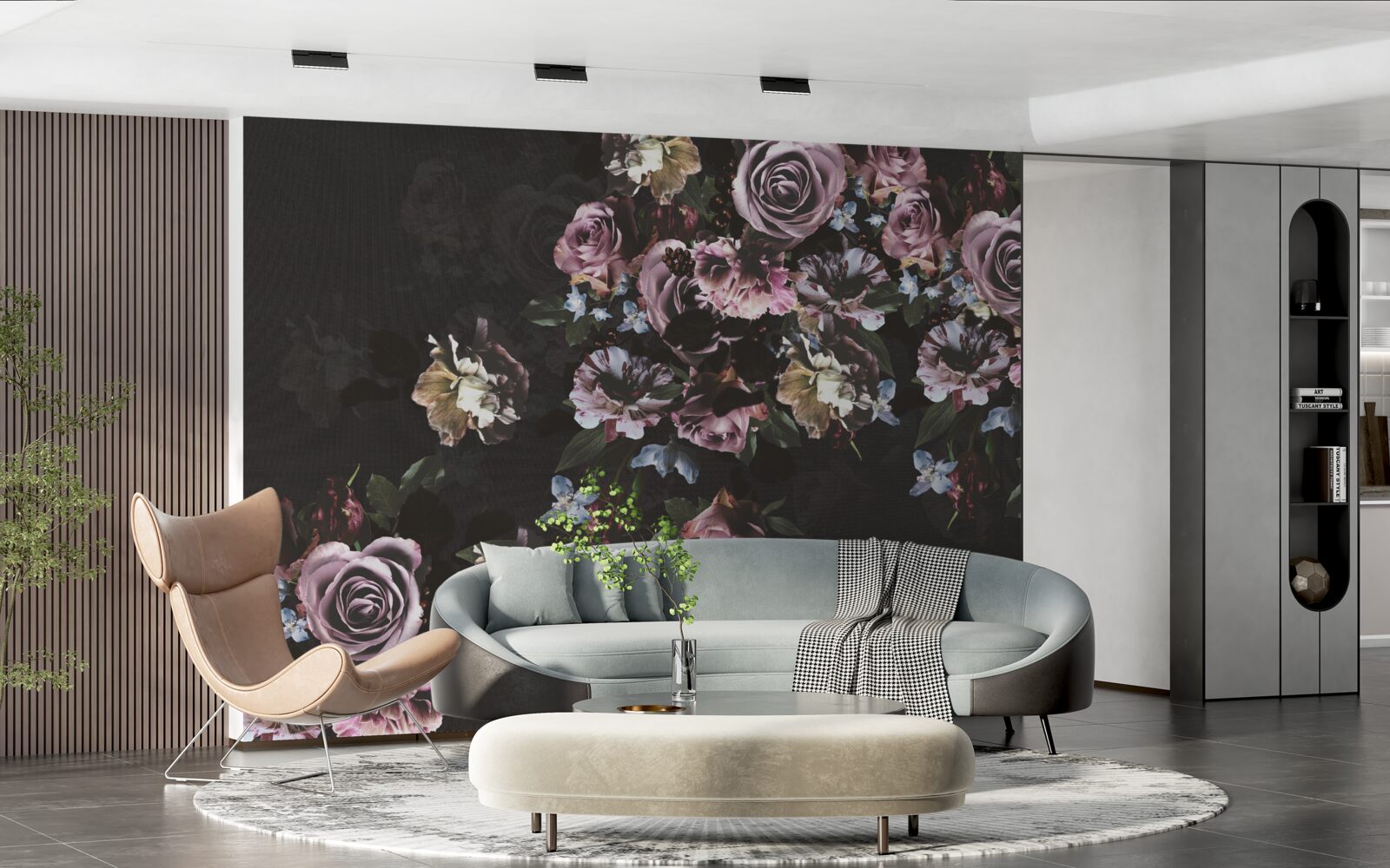 Fotobehang roze bloemen op zwarte achtergrond