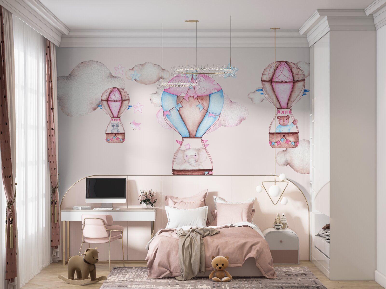 Fotobehang dieren zweven door de lucht op ballonnen