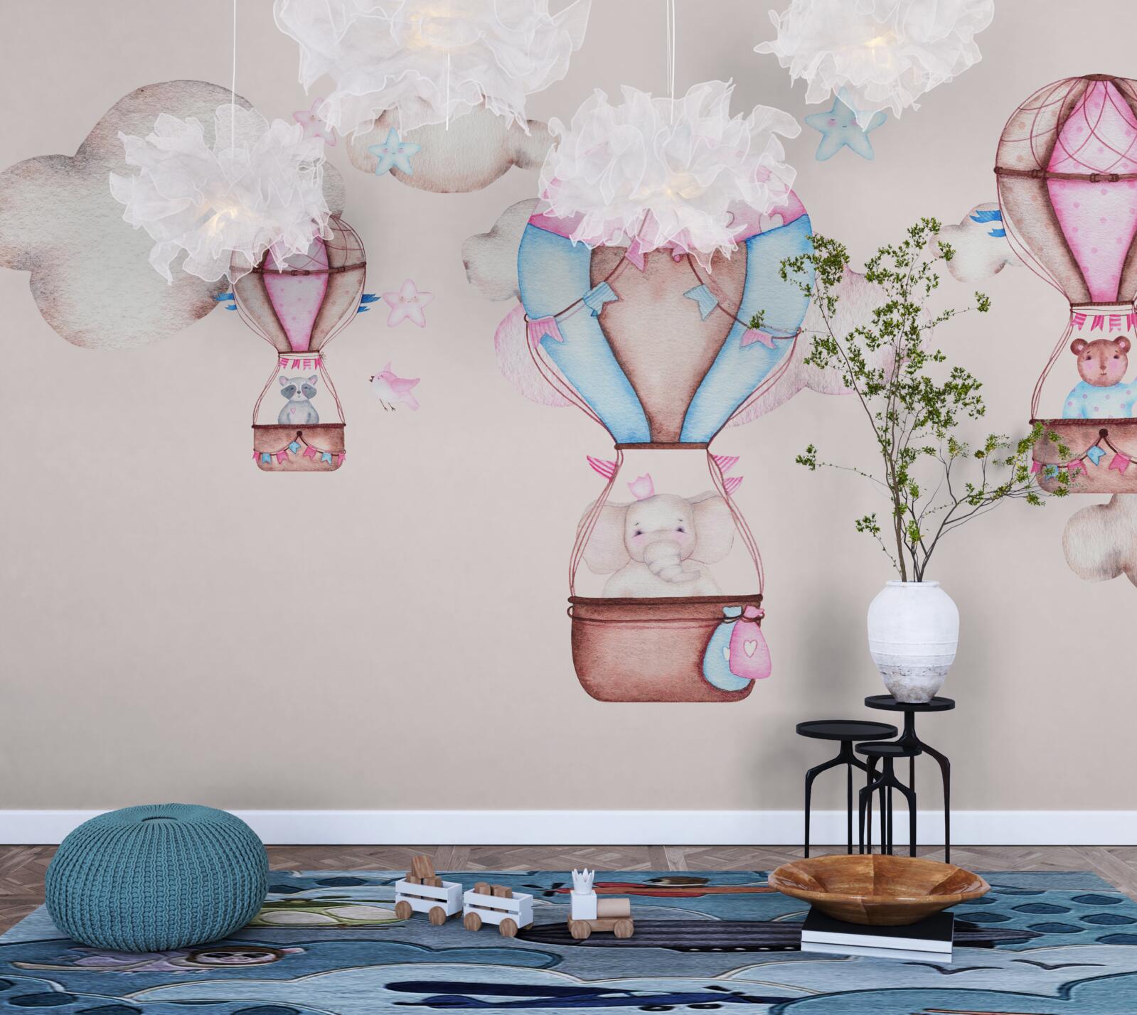 Fotobehang dieren zweven door de lucht op ballonnen