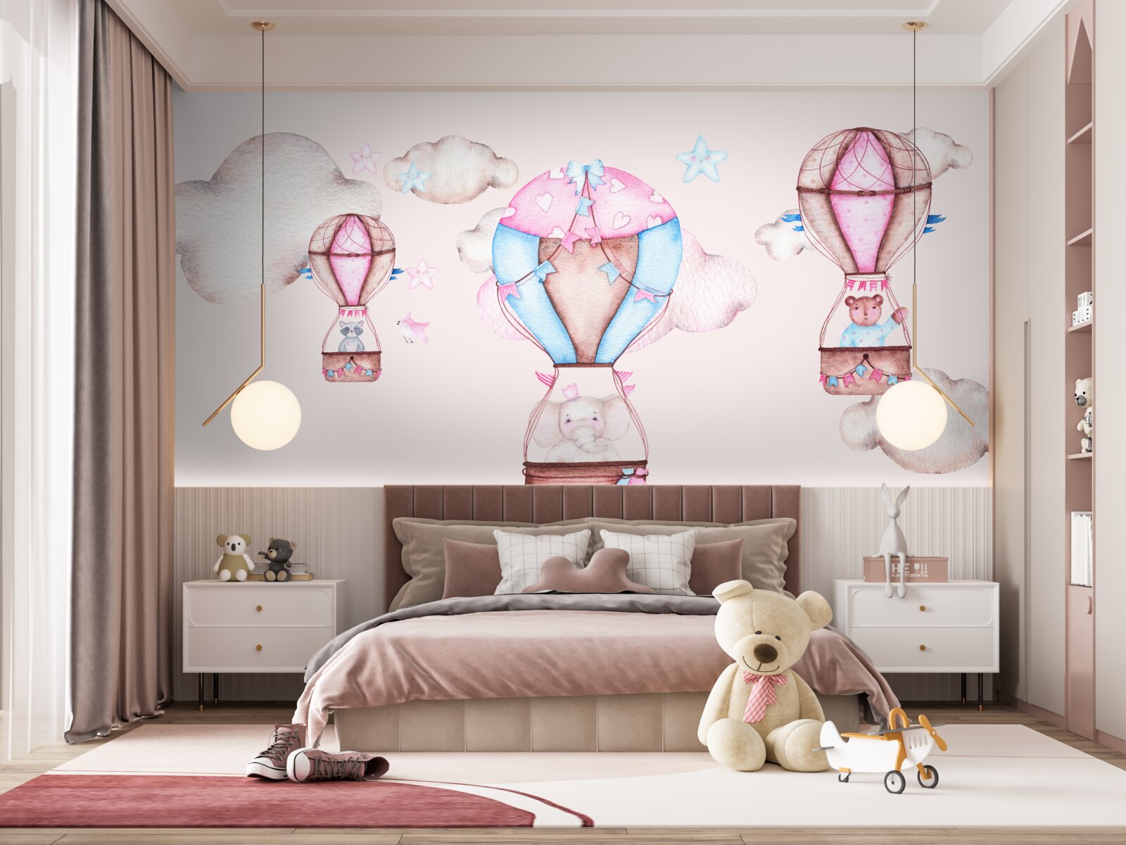 Fotobehang dieren zweven door de lucht op ballonnen