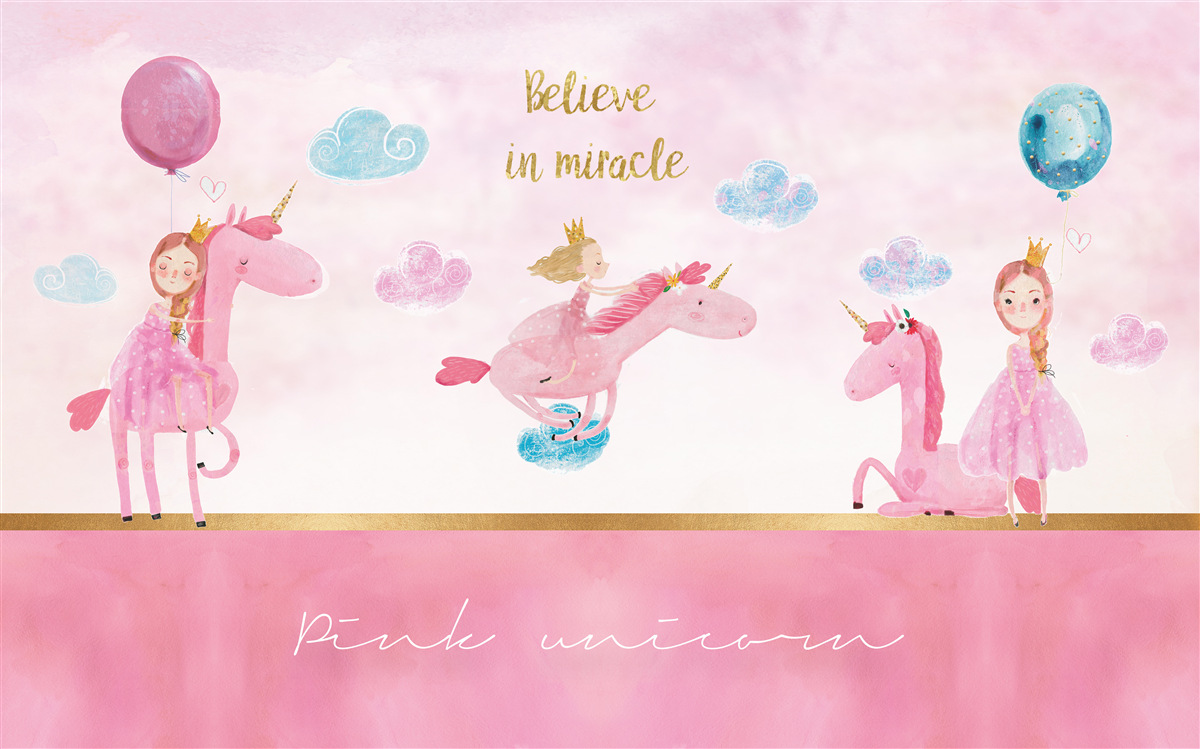 Fotobehang prinsessen op roze eenhoorns