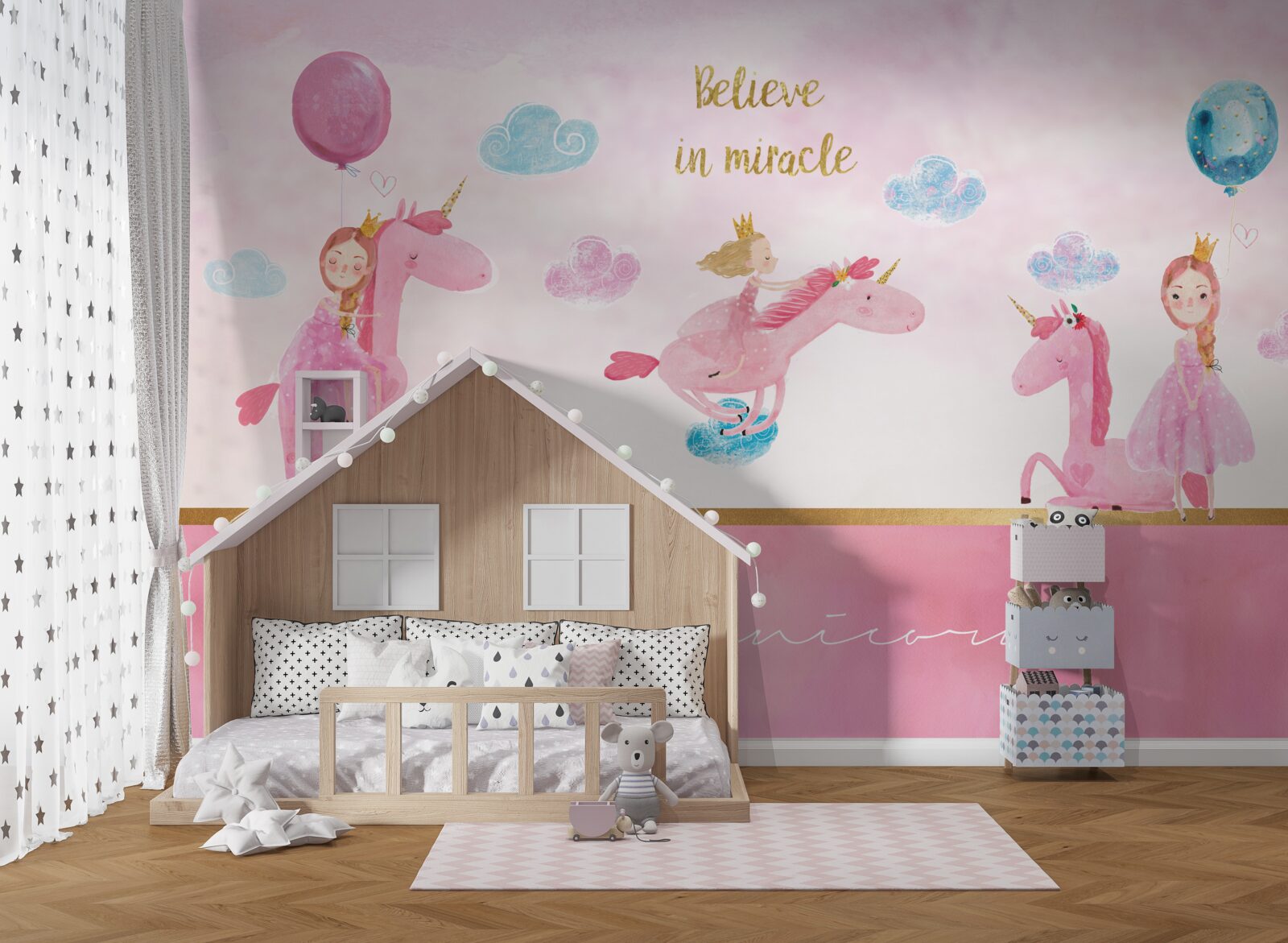 Fotobehang prinsessen op roze eenhoorns