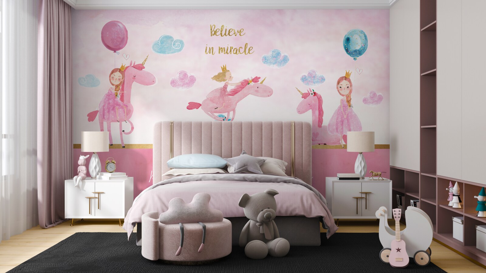 Fotobehang prinsessen op roze eenhoorns