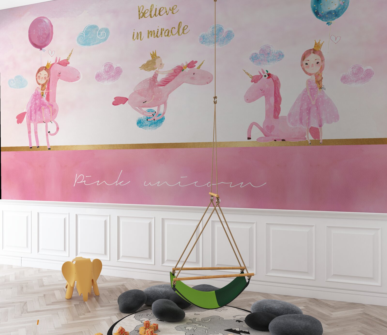 Fotobehang prinsessen op roze eenhoorns