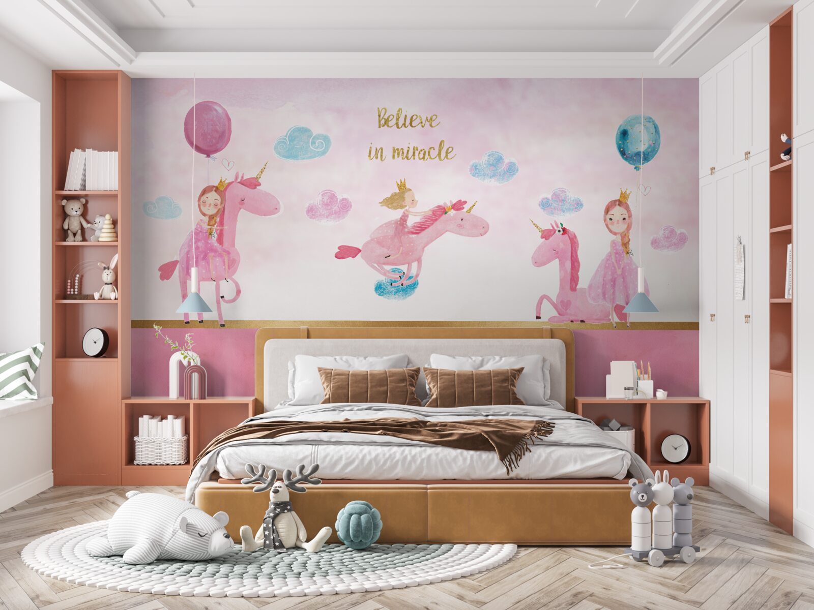 Fotobehang prinsessen op roze eenhoorns