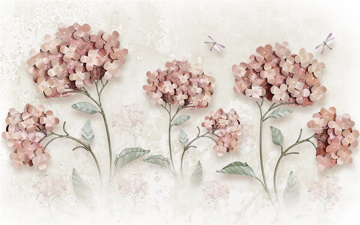 Fotobehang libellen vliegen bij de roze bloemen