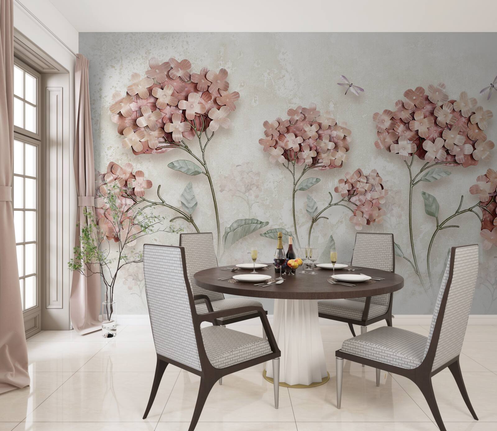 Fotobehang libellen vliegen bij de roze bloemen