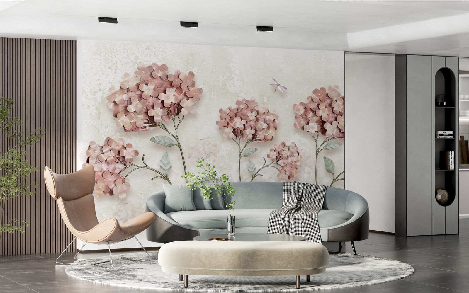 Fotobehang libellen vliegen bij de roze bloemen