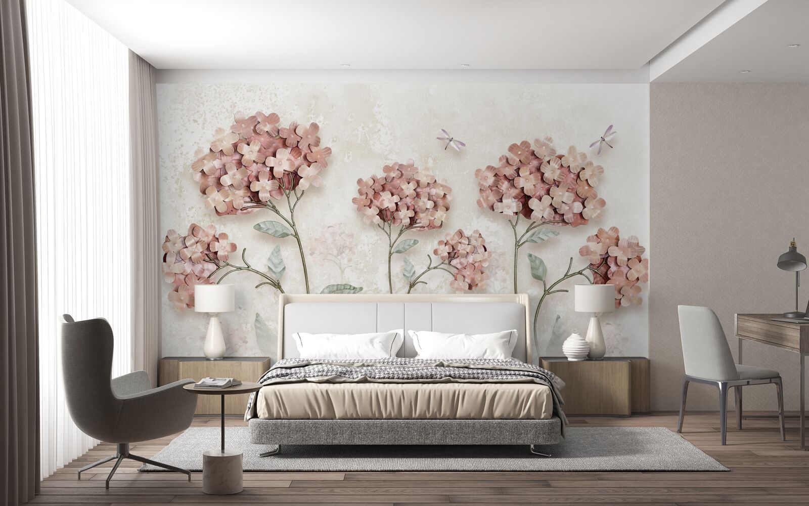 Fotobehang libellen vliegen bij de roze bloemen