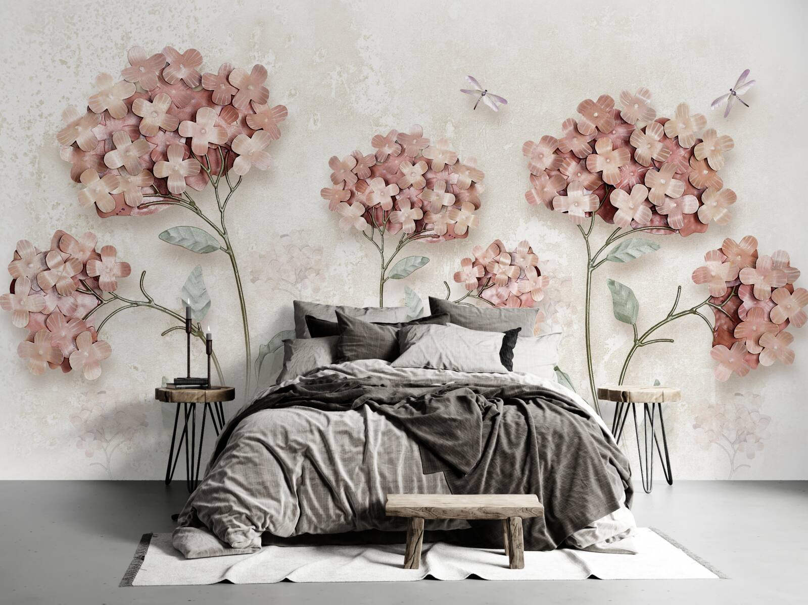 Fotobehang libellen vliegen bij de roze bloemen