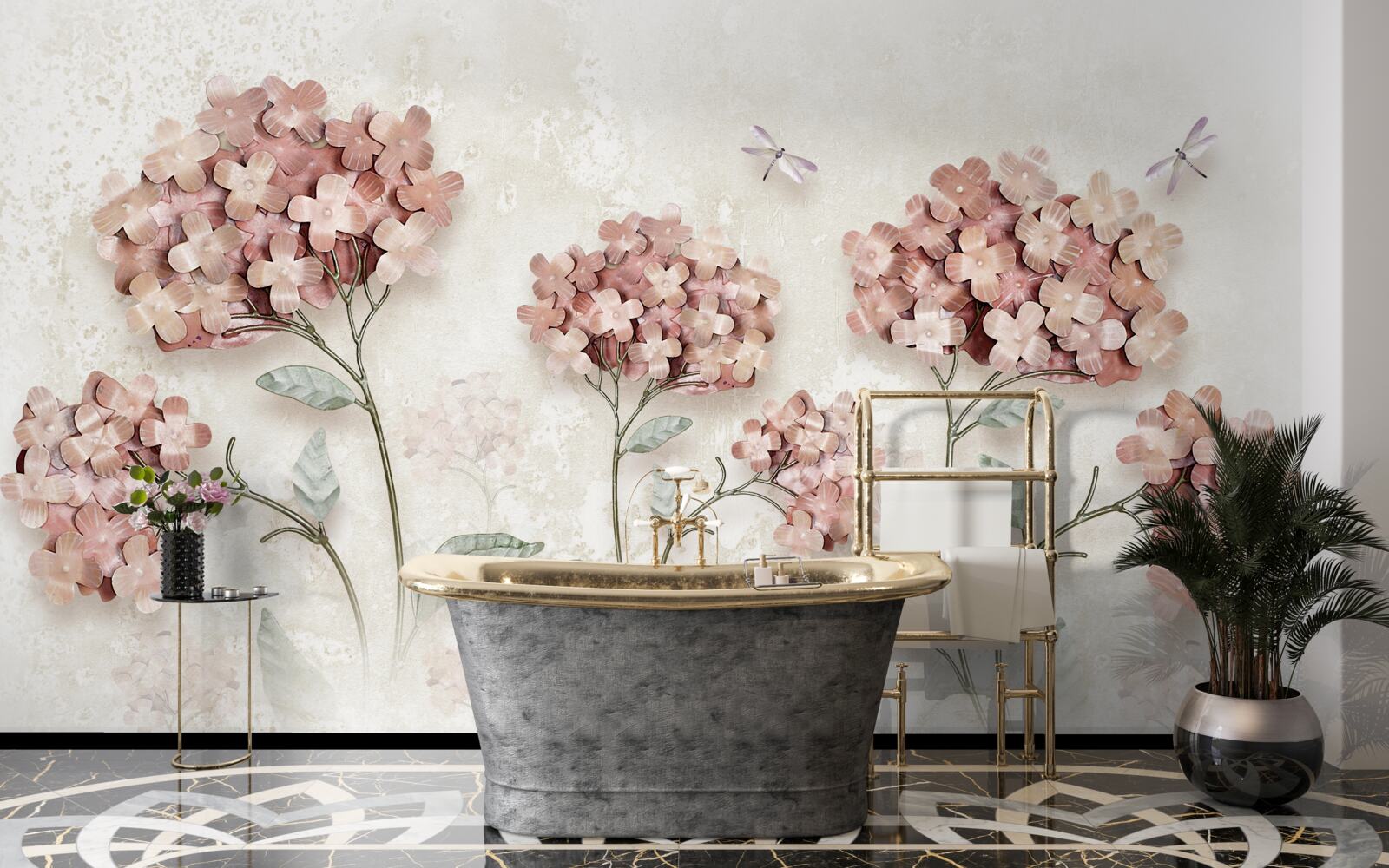 Fotobehang libellen vliegen bij de roze bloemen