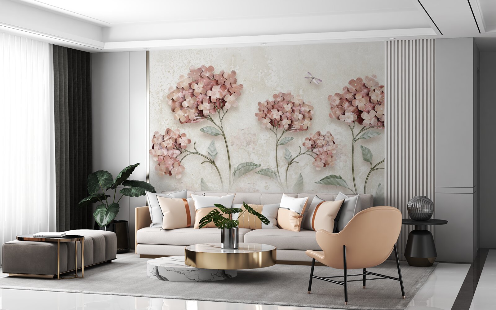 Fotobehang libellen vliegen bij de roze bloemen