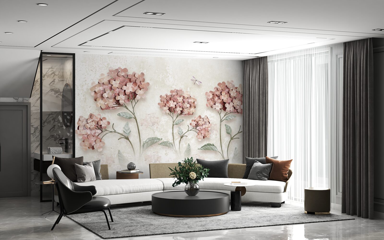 Fotobehang libellen vliegen bij de roze bloemen