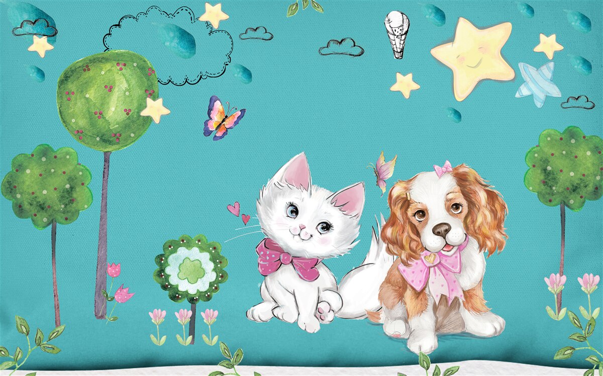 Fotobehang kat en hond tussen de bomen