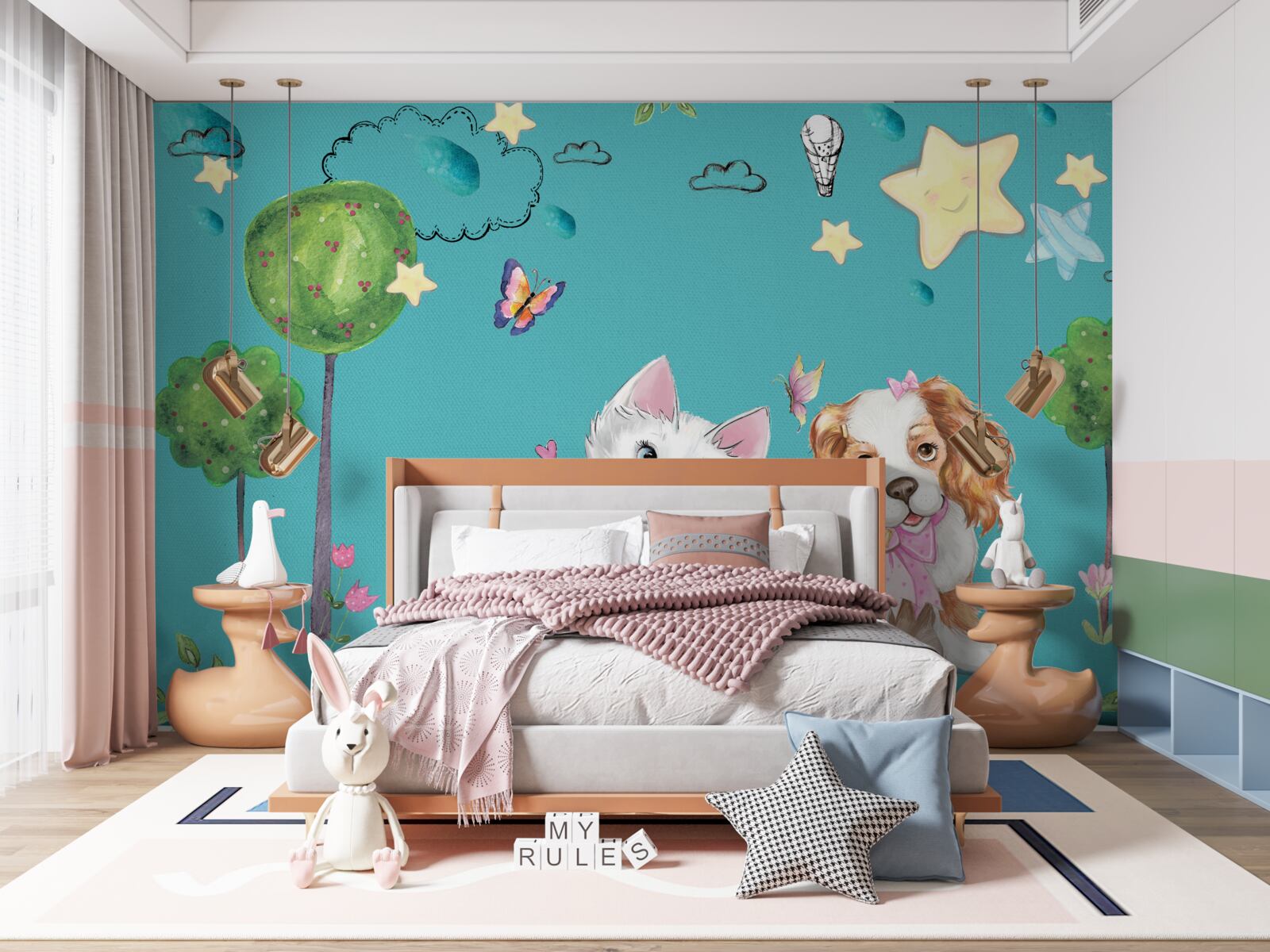 Fotobehang kat en hond tussen de bomen