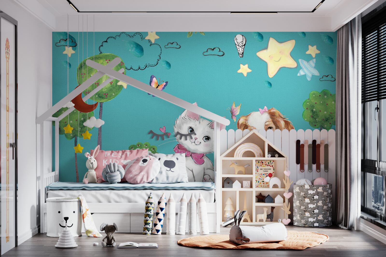 Fotobehang kat en hond tussen de bomen