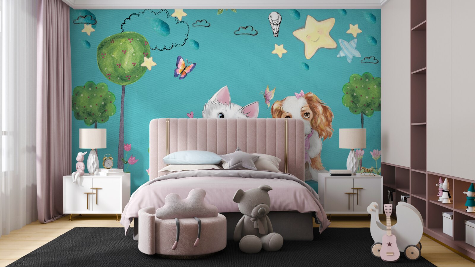 Fotobehang kat en hond tussen de bomen