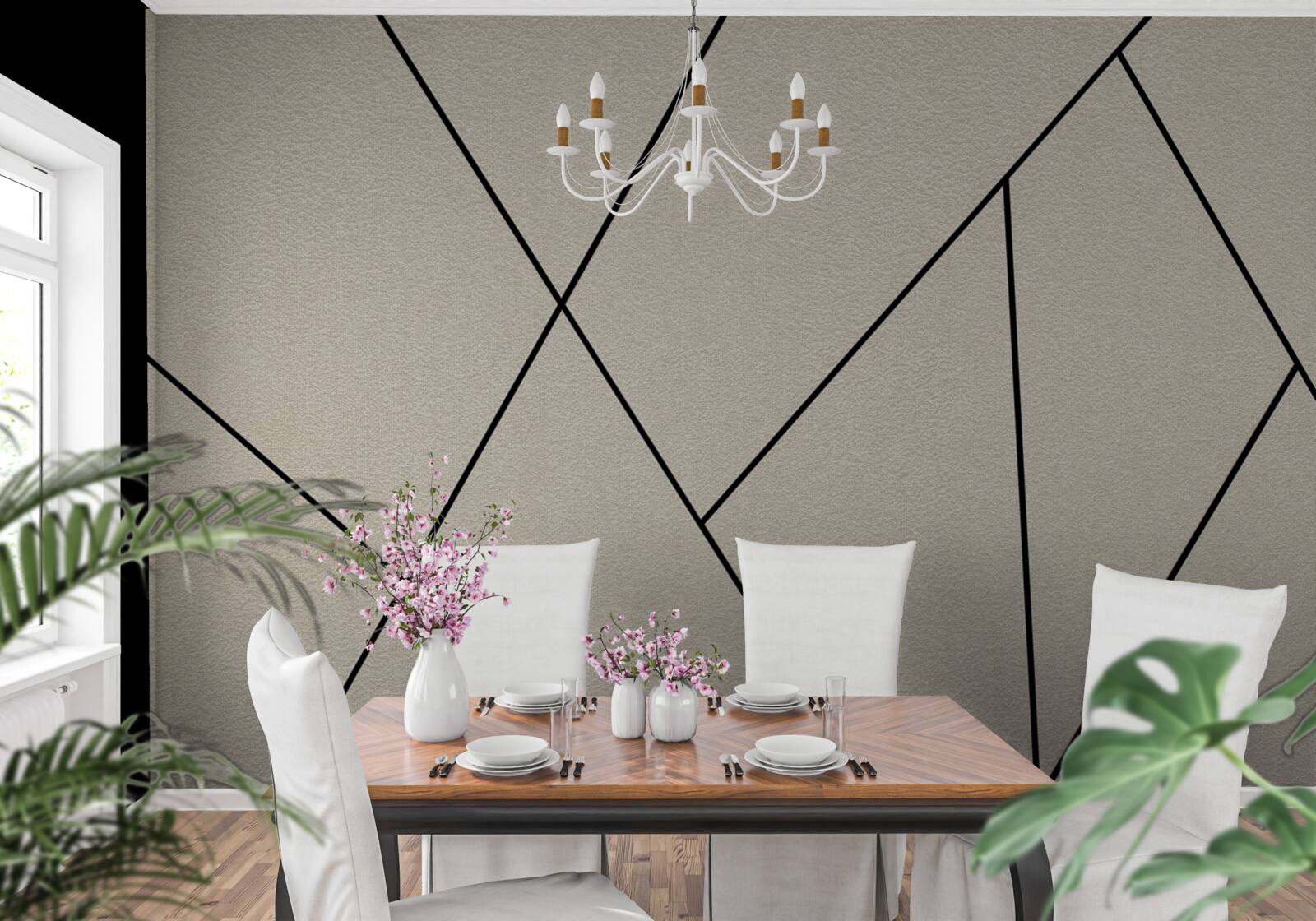 Fotobehang lichte muur met gladde zwarte lijnen