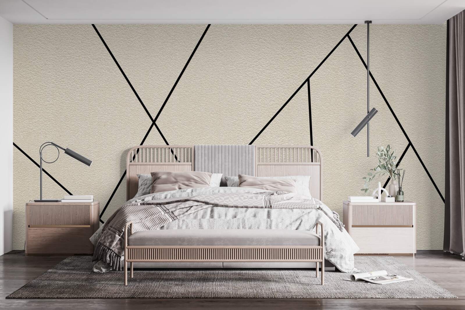 Fotobehang lichte muur met gladde zwarte lijnen