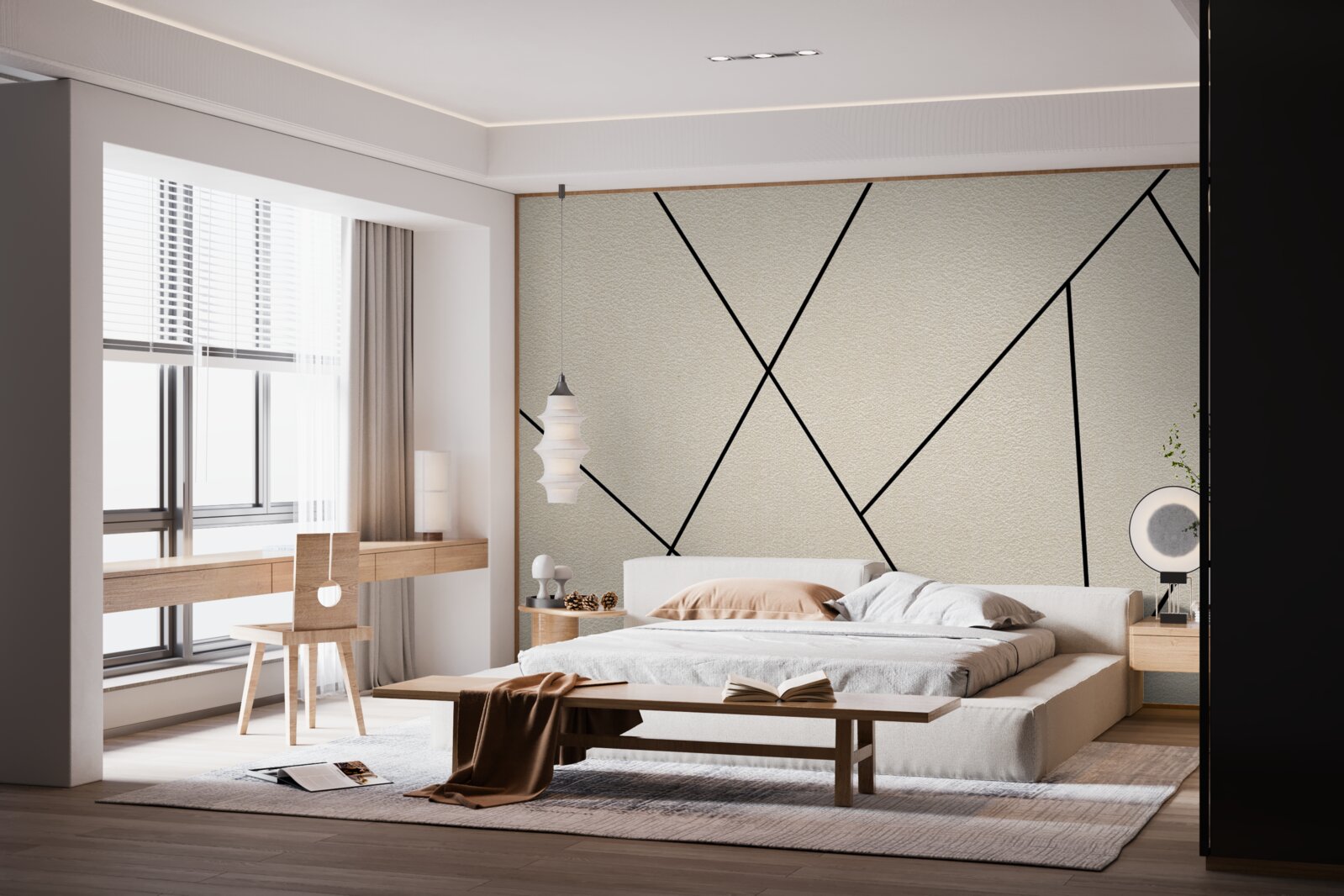 Fotobehang lichte muur met gladde zwarte lijnen