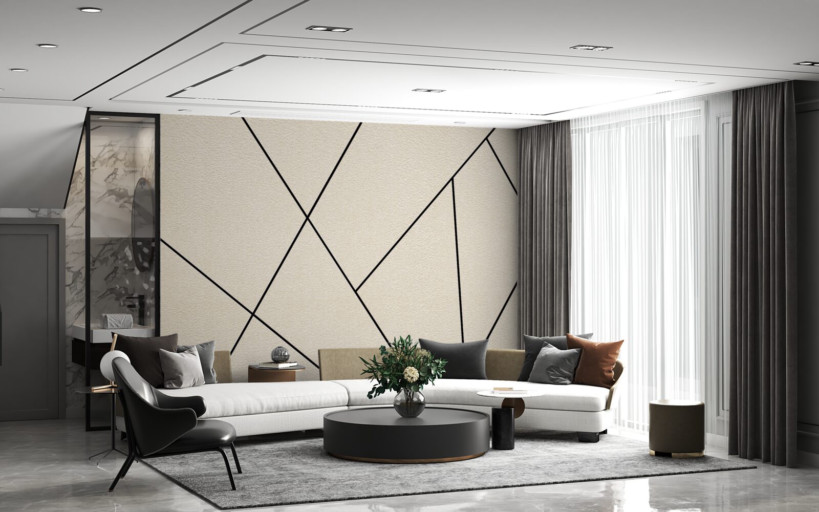 Fotobehang lichte muur met gladde zwarte lijnen