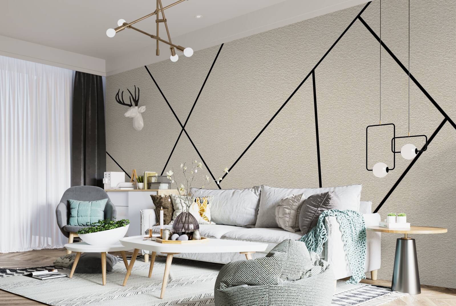 Fotobehang lichte muur met gladde zwarte lijnen