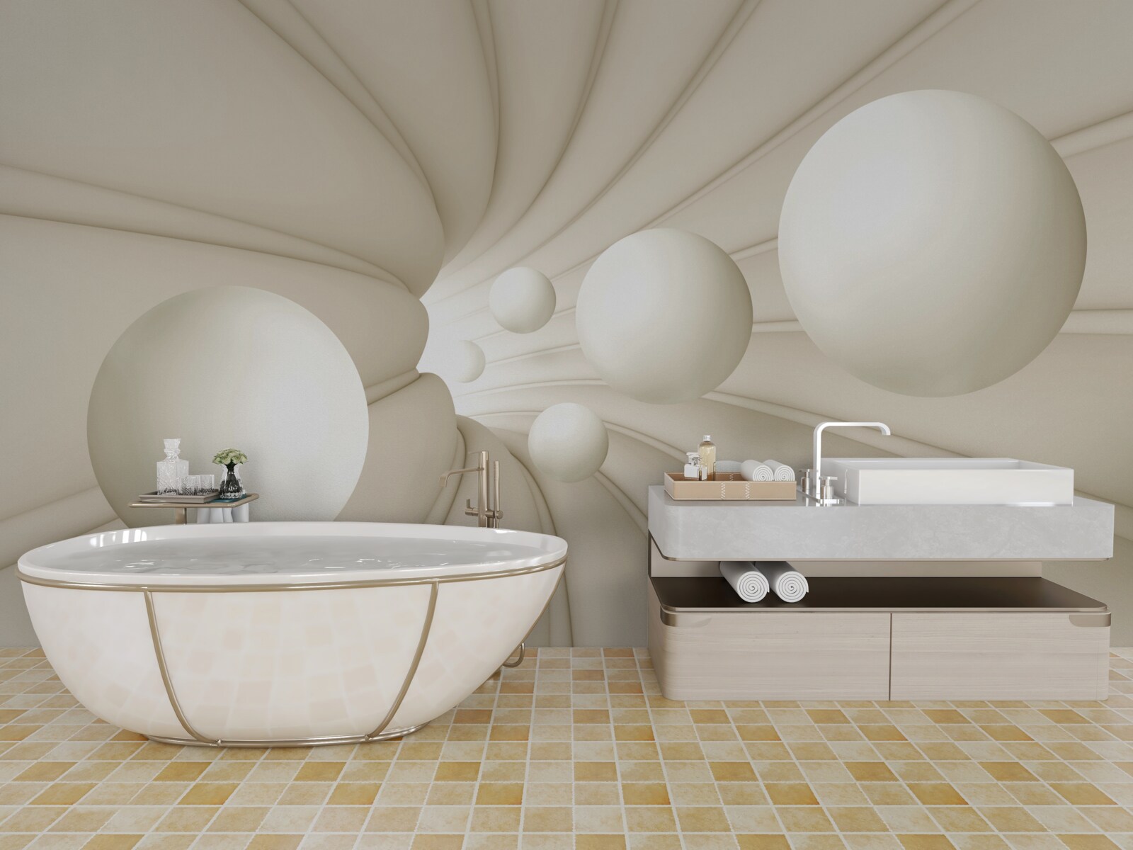 Fotobehang witte ballen van verschillende grootte en vorm