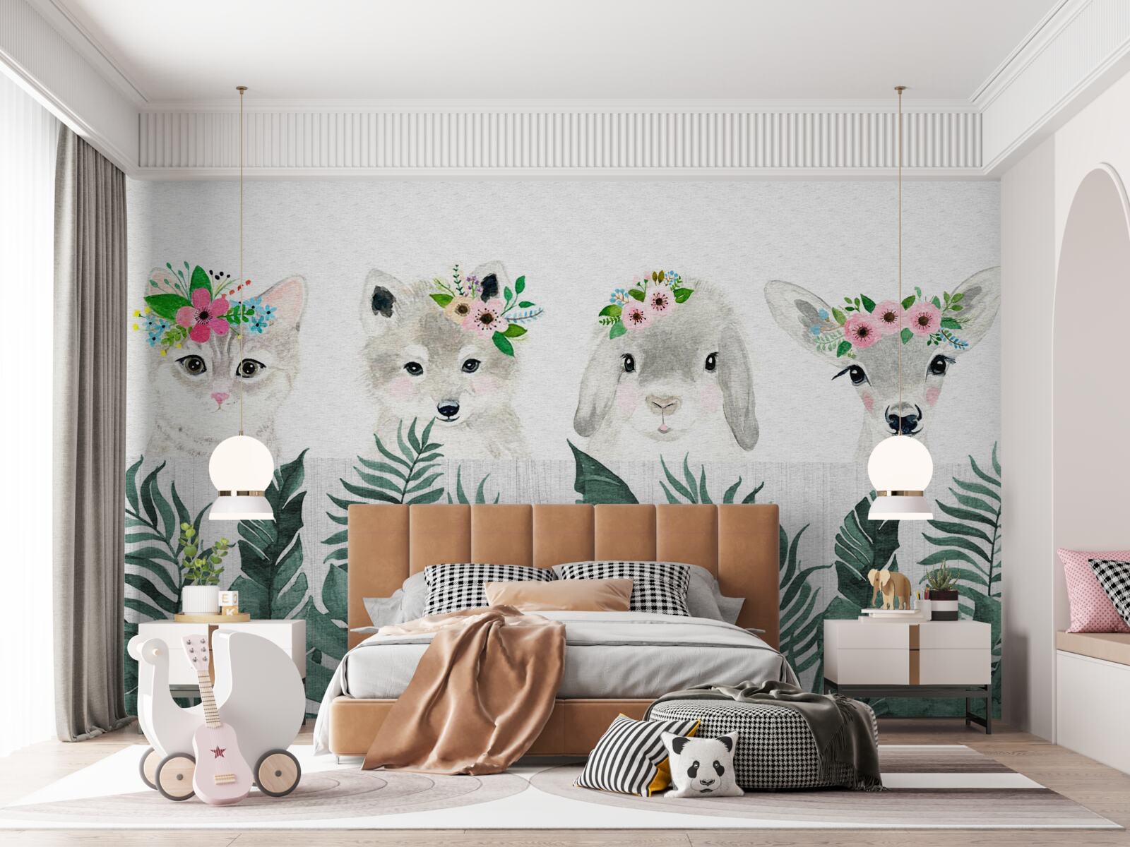 Fotobehang dierengezichten met bloemen