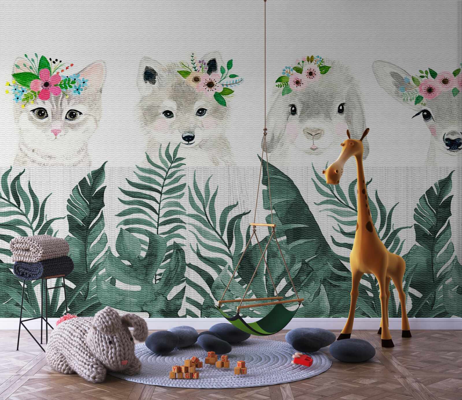 Fotobehang dierengezichten met bloemen