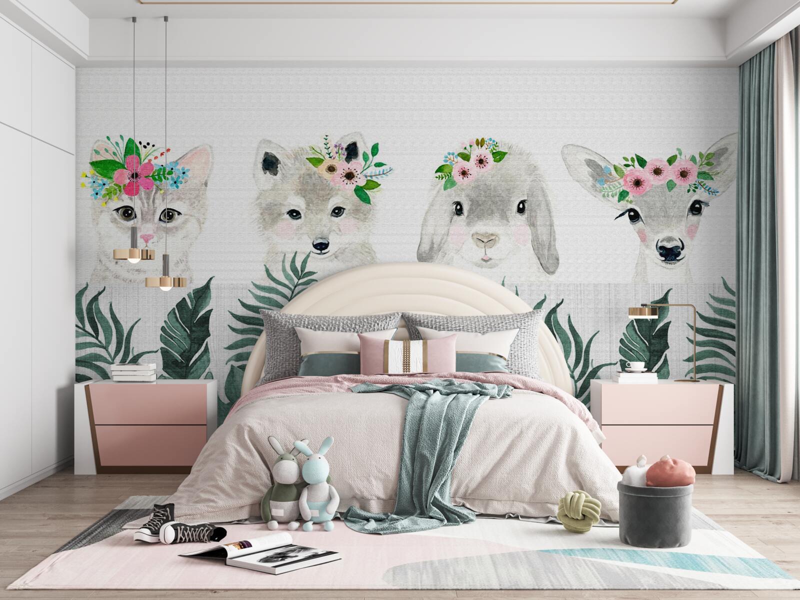 Fotobehang dierengezichten met bloemen