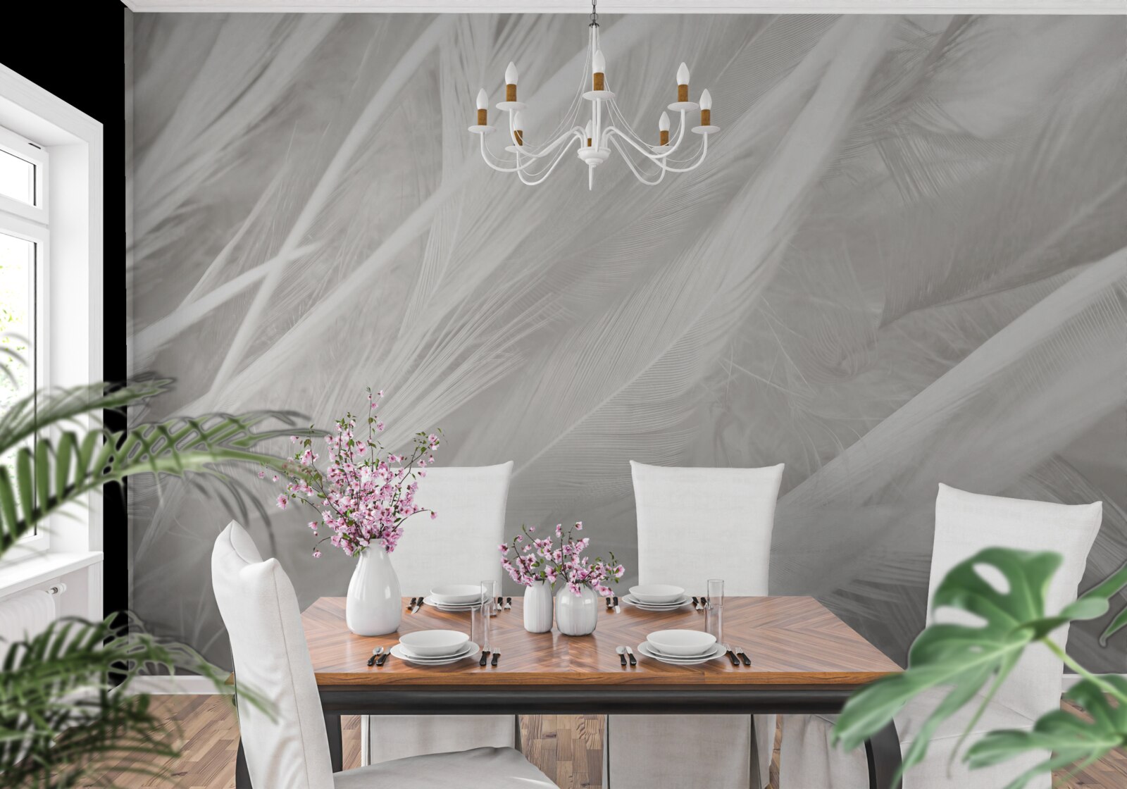 Fotobehang groot aantal lichtgekleurde veren