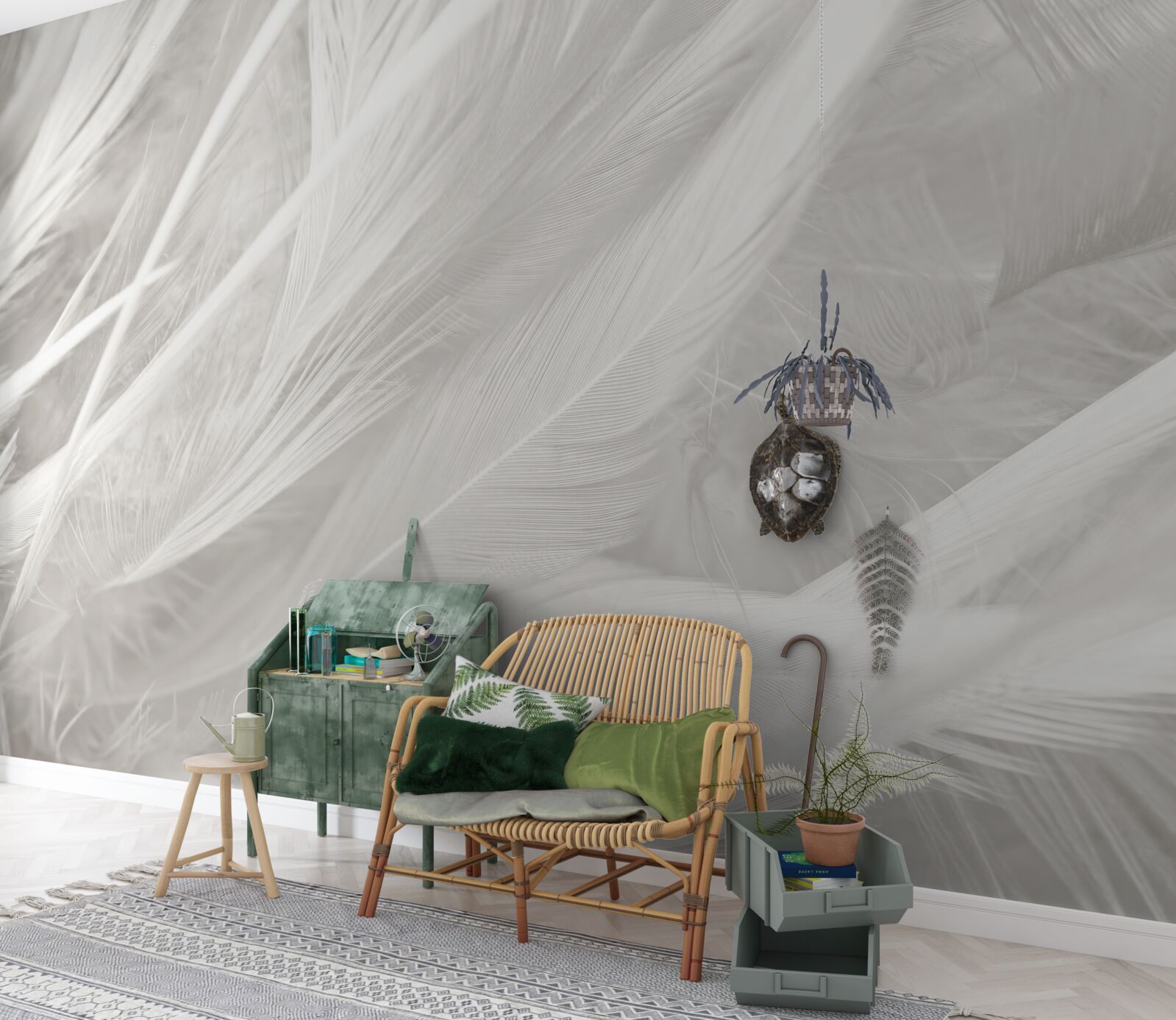 Fotobehang groot aantal lichtgekleurde veren