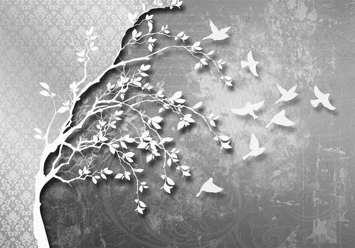 Fotobehang omtrek van sierlijke bomen en vogels