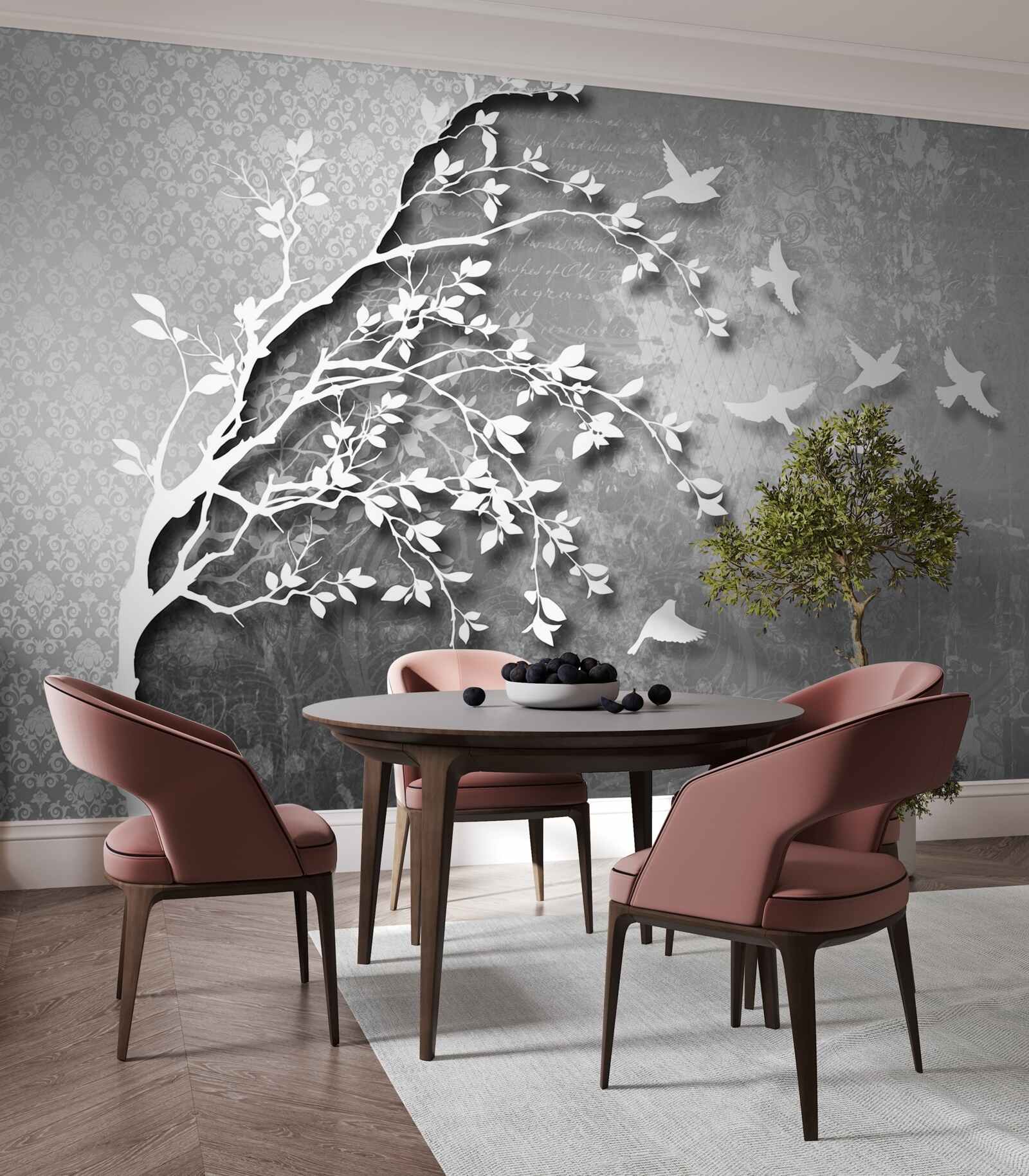 Fotobehang omtrek van sierlijke bomen en vogels