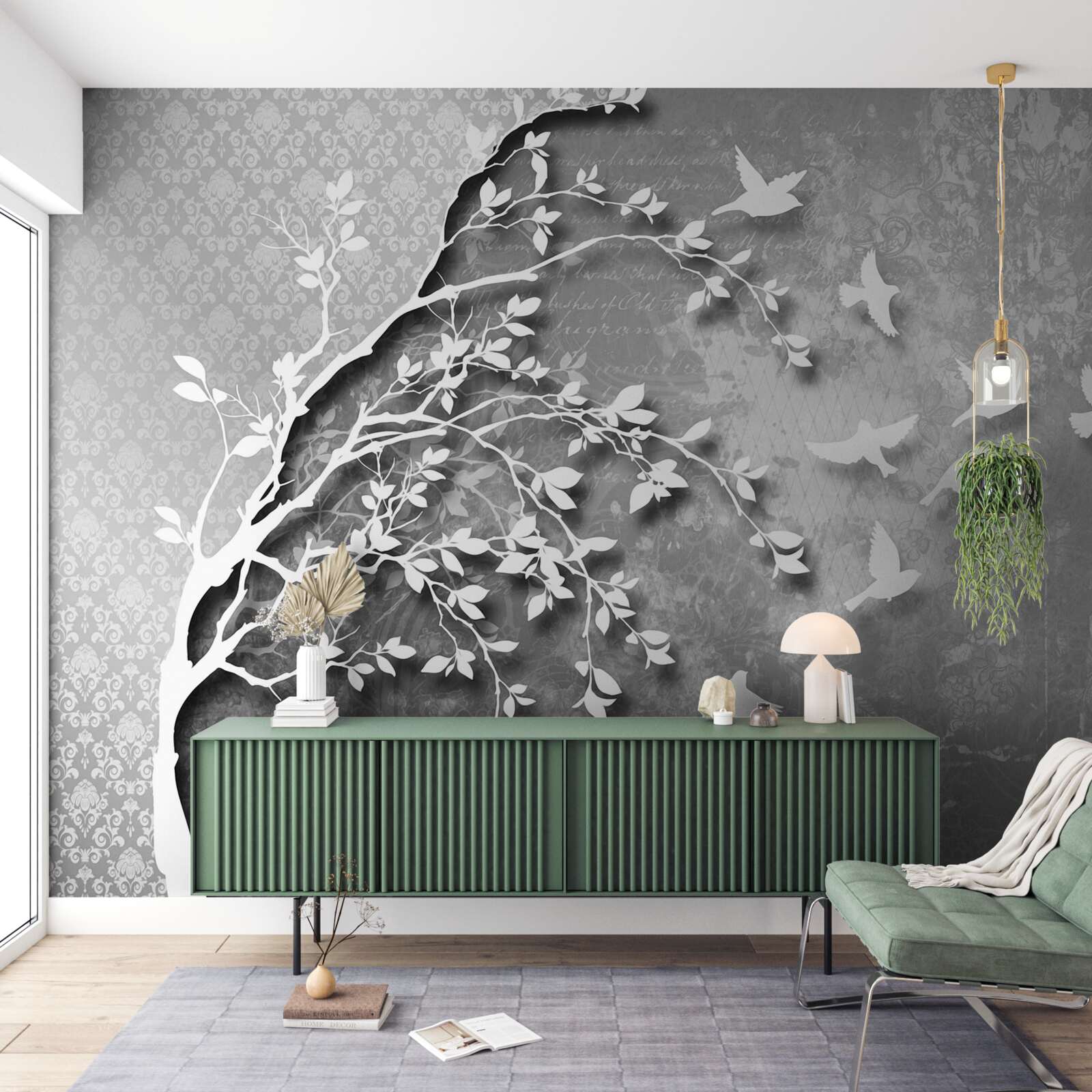 Fotobehang omtrek van sierlijke bomen en vogels