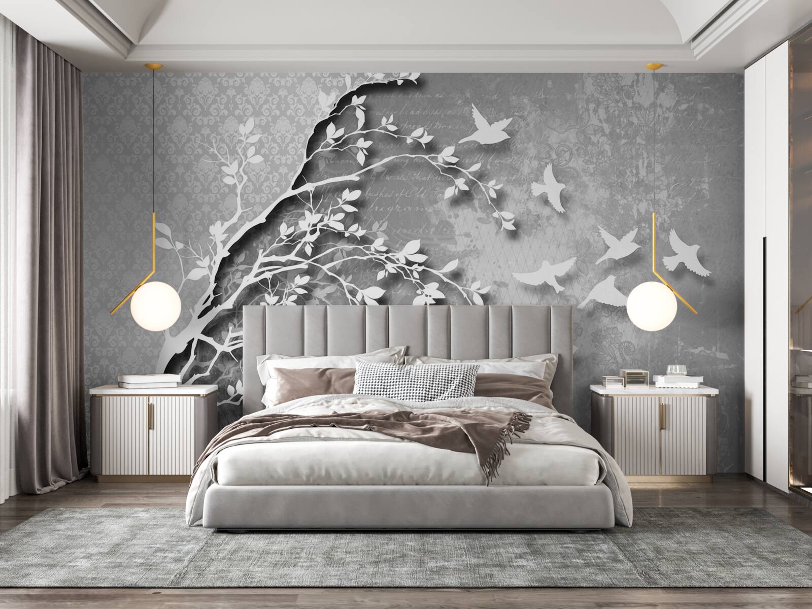 Fotobehang omtrek van sierlijke bomen en vogels