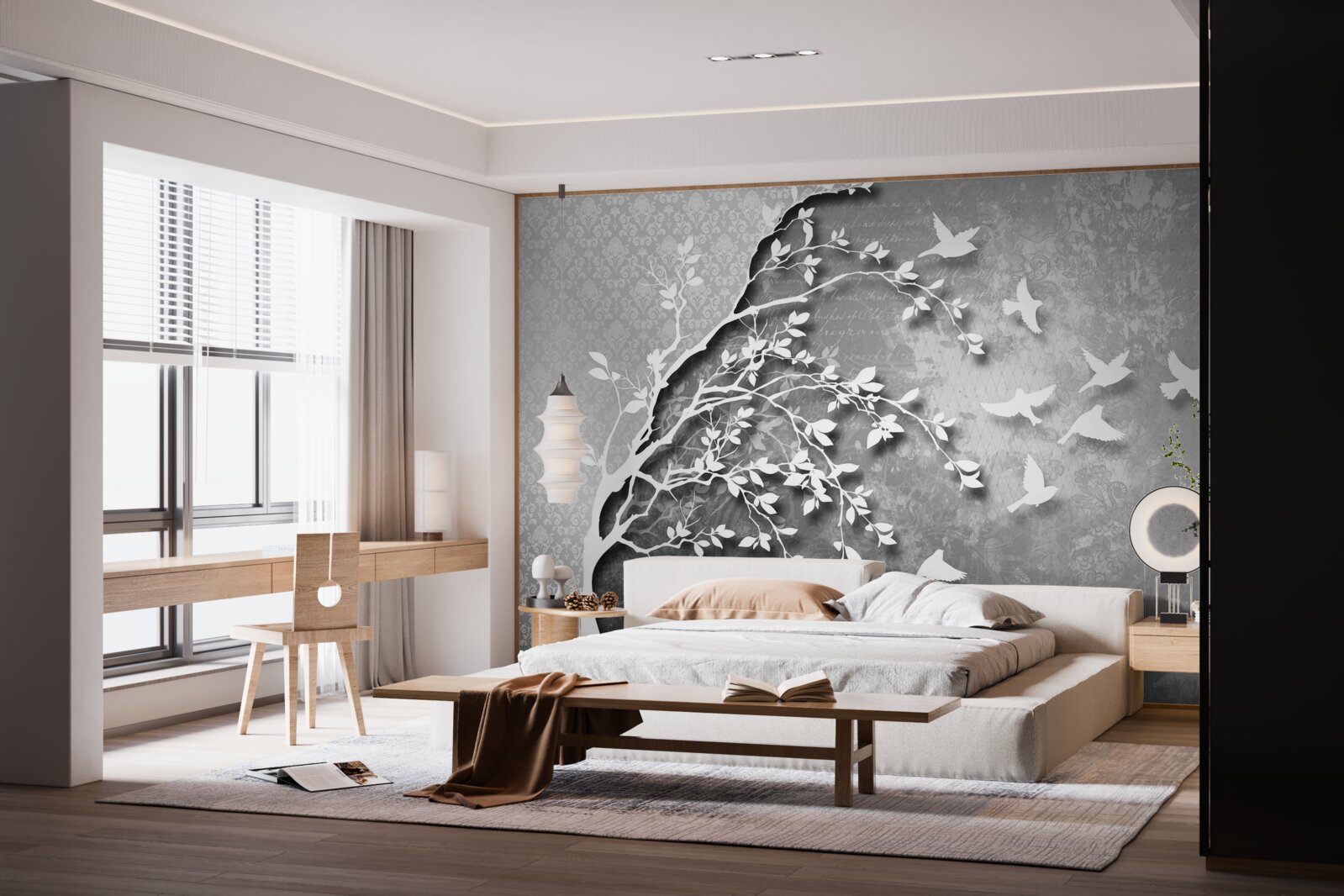 Fotobehang omtrek van sierlijke bomen en vogels