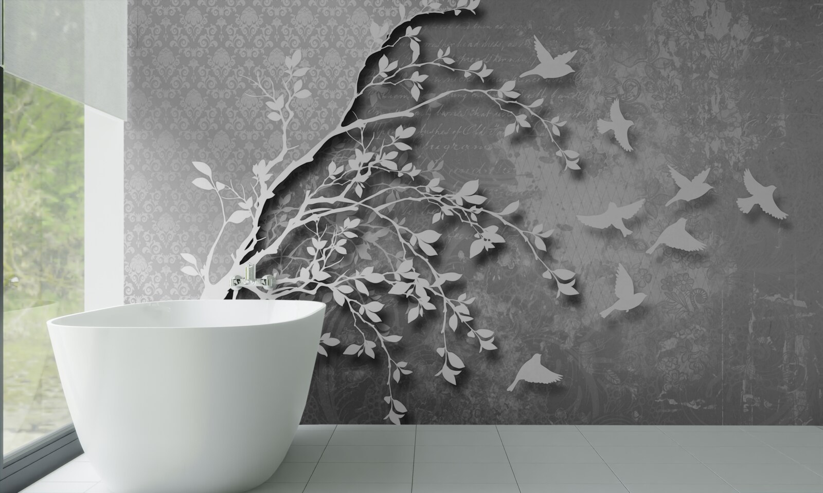 Fotobehang omtrek van sierlijke bomen en vogels