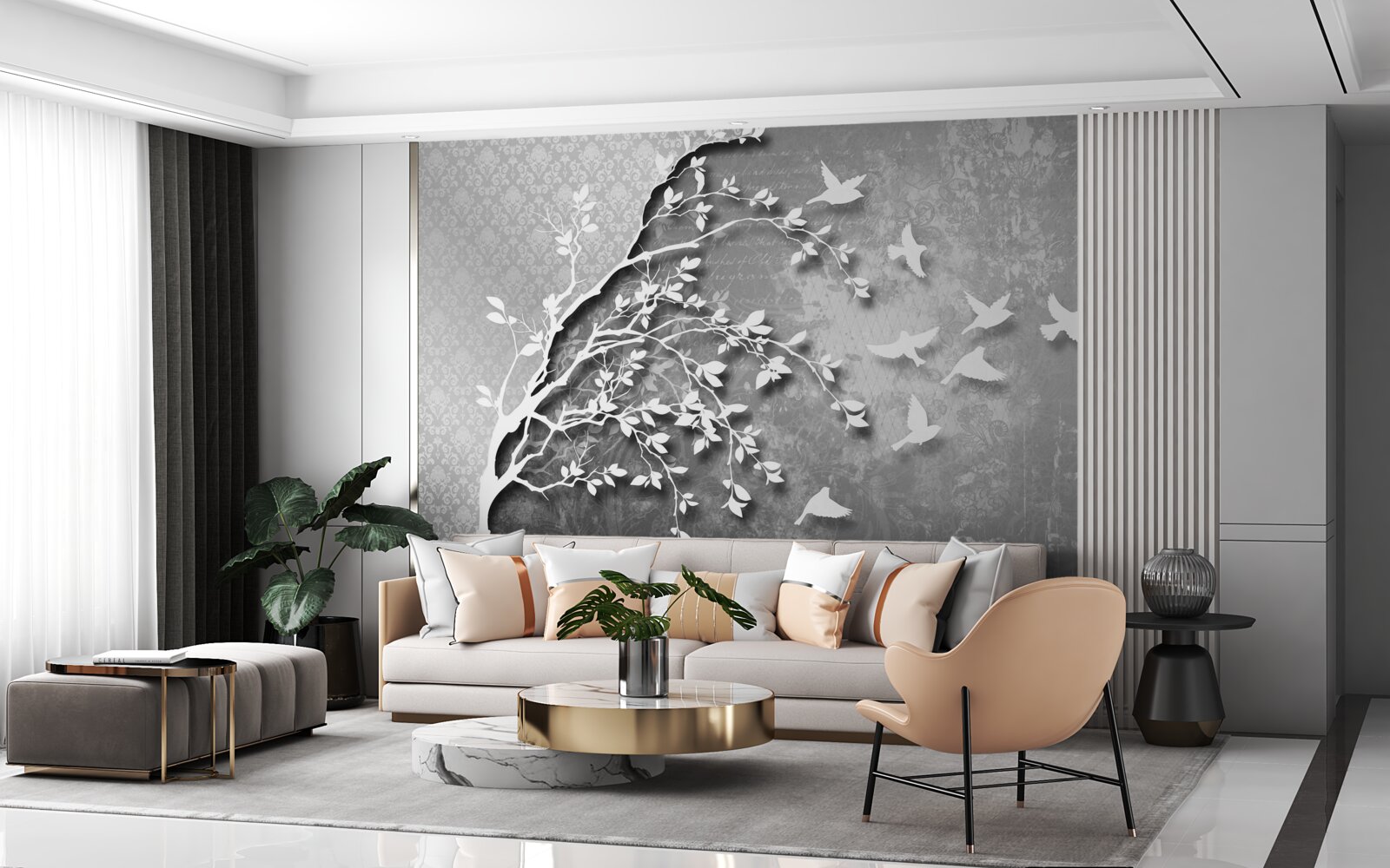 Fotobehang omtrek van sierlijke bomen en vogels