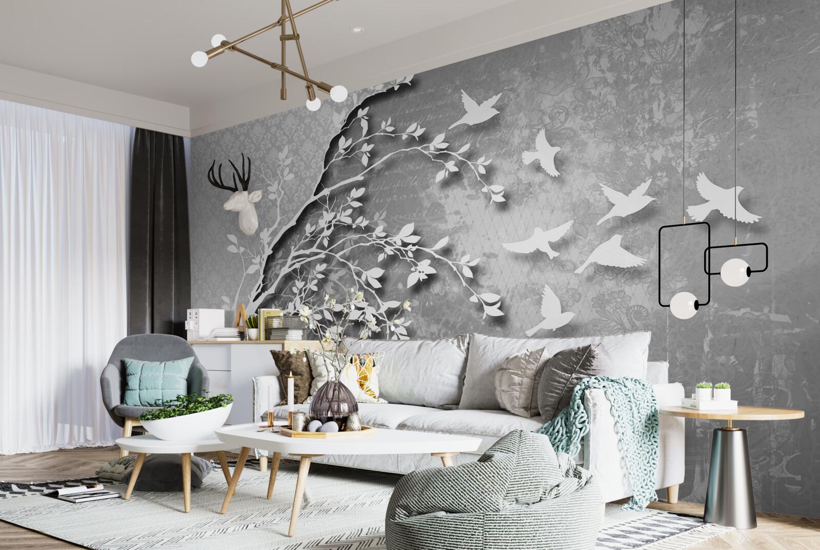 Fotobehang omtrek van sierlijke bomen en vogels