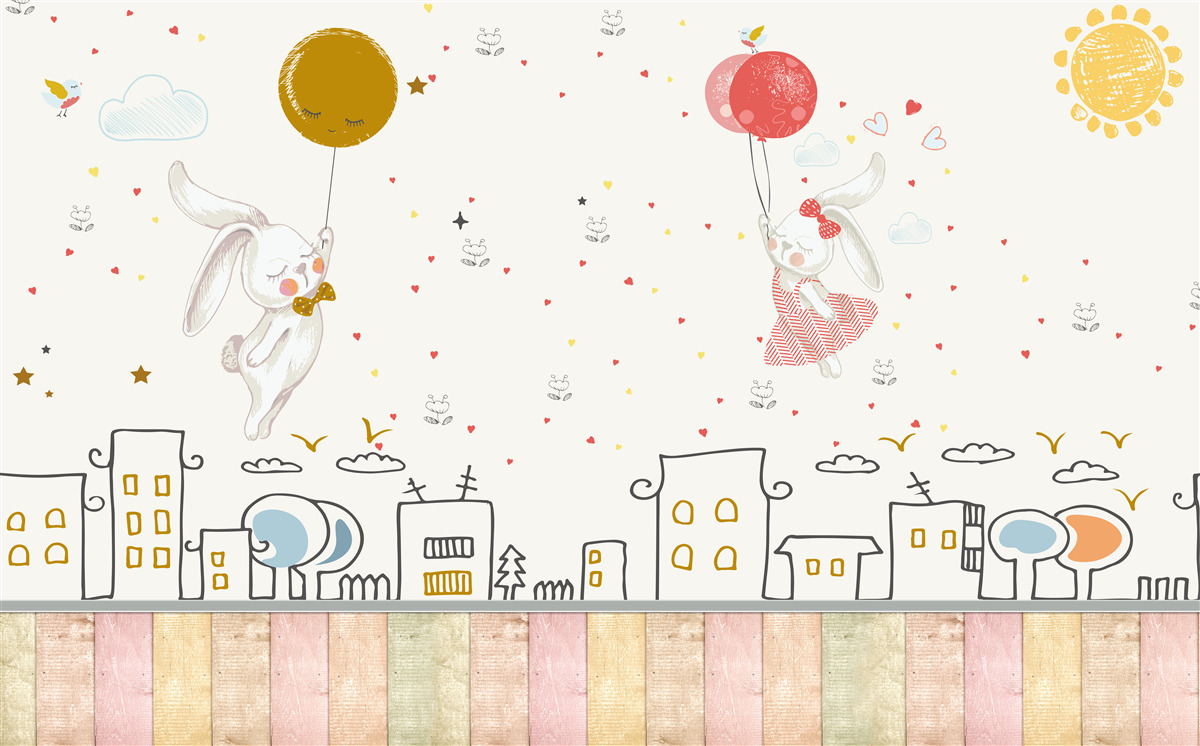 Fotobehang konijnen vliegen over daken met ballonnen