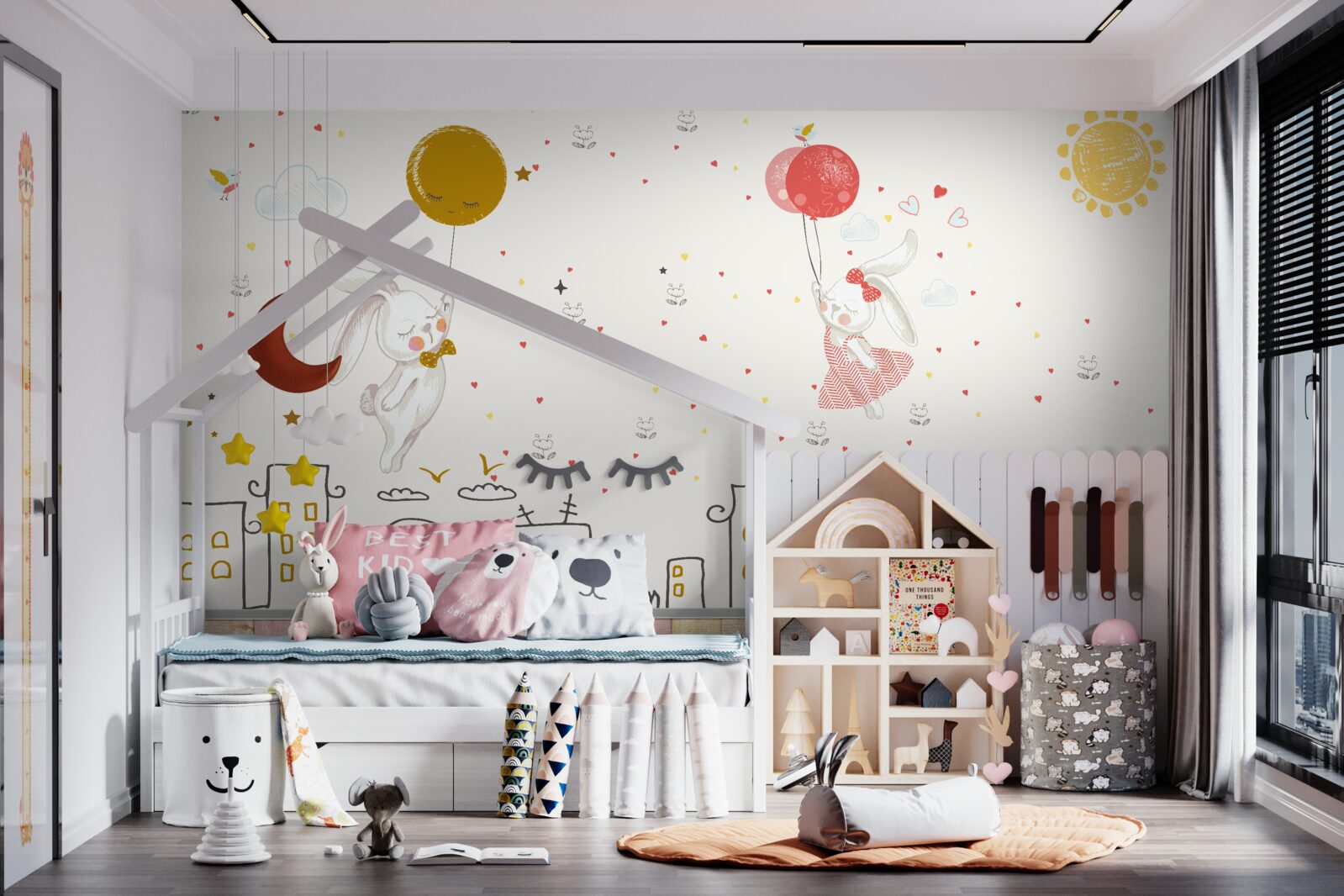 Fotobehang konijnen vliegen over daken met ballonnen